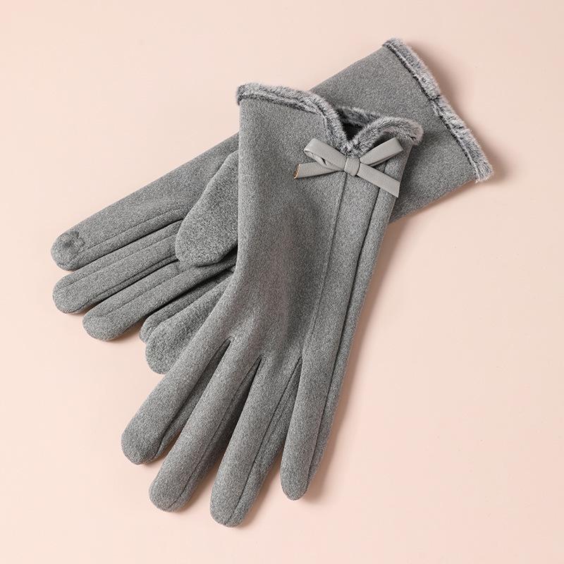 Warm Gloves for Women In Autumn and Winter Outdoor Riding Cold Proof Thickened Plush Velvet Cute Bow Develvet Touch Screen Gloves