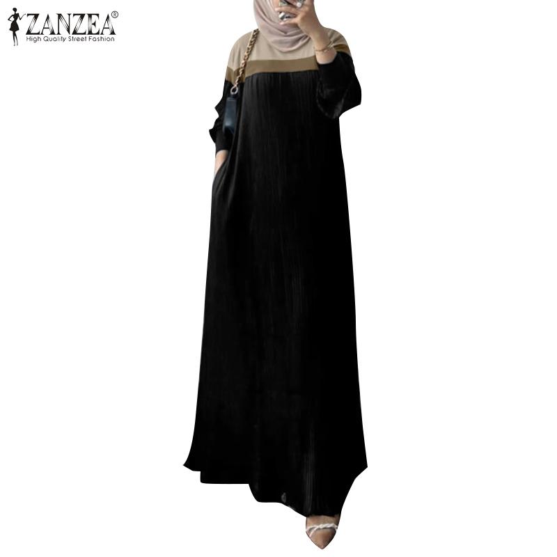ZANZEA Women Casual Long Sleeve Loose Patchwork Long Dress