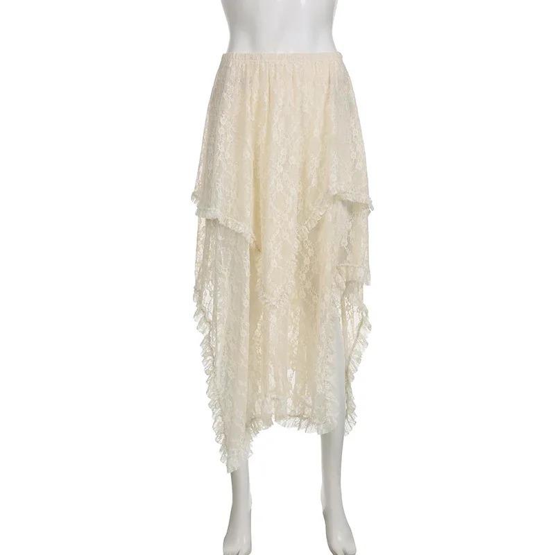 Weekeep Sexy Transparentní Nepravidelné Dlouhé Sukně Vintage Volány Patchwork Volná Krajka Midi sukně A-Line Dámské Y2k Letní dovolená