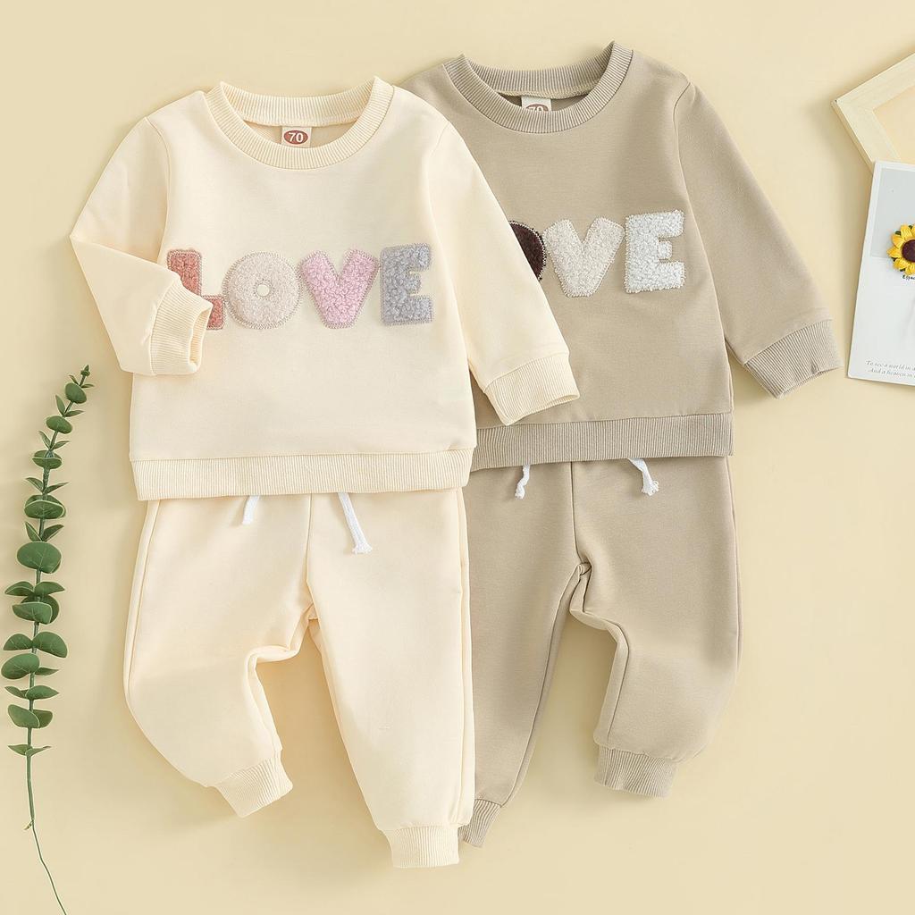Baby 2 Piece Cute Outfit Plush Letter Embroidery Long Sleeve Sweatshirt and Elastic Pants Set for Infant Fall Clothes