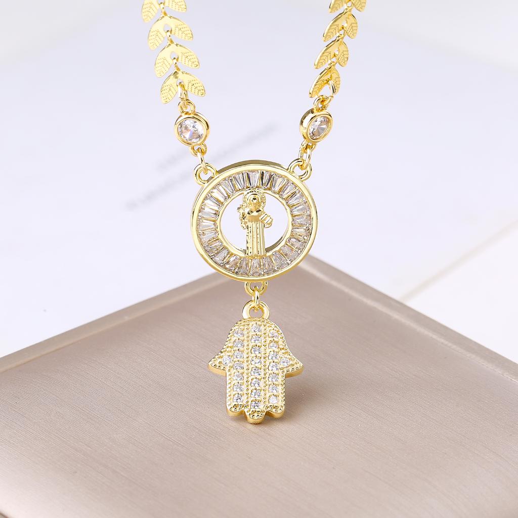 Our Lady of Guadalupe Hamsa Hand Stainless Steel Chain Necklace Gold Plated Zircon Religious Zircon for Women Charm Amulet Gift
