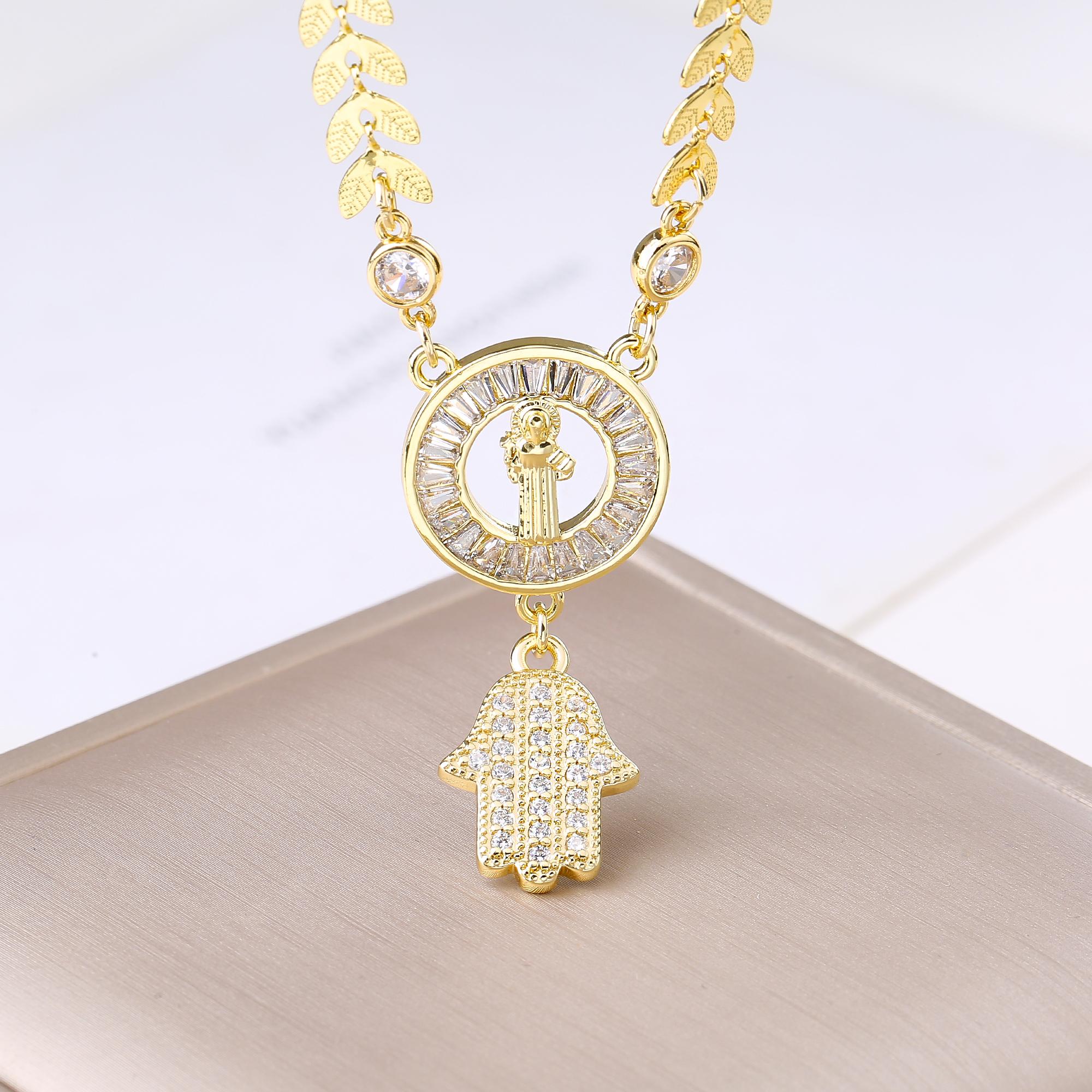 

Our Lady of Guadalupe Hamsa Hand Stainless Steel Chain Necklace Gold Plated Zircon Religious Zircon for Women Charm Amulet Gift