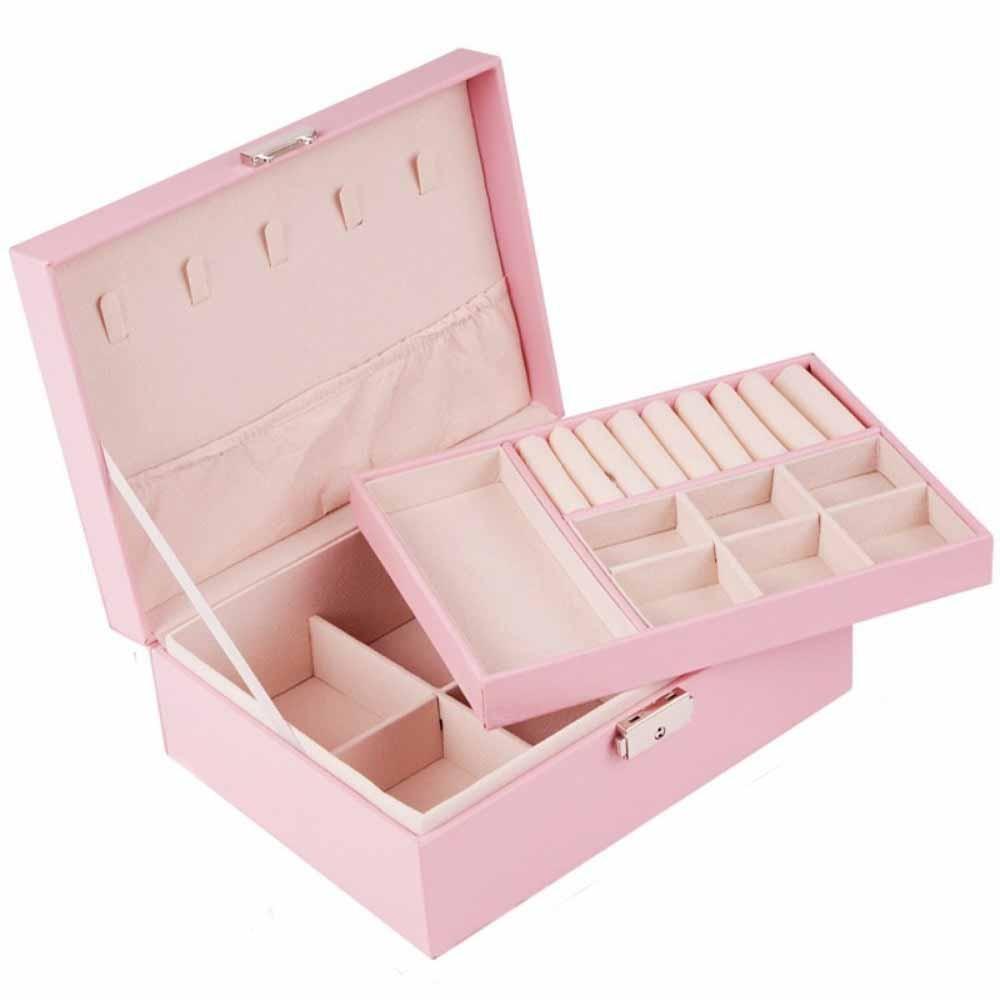 2 Layer Leather Jewelry Organizer with Lock Jewelry Display Case  for Necklace Rings Earrings
