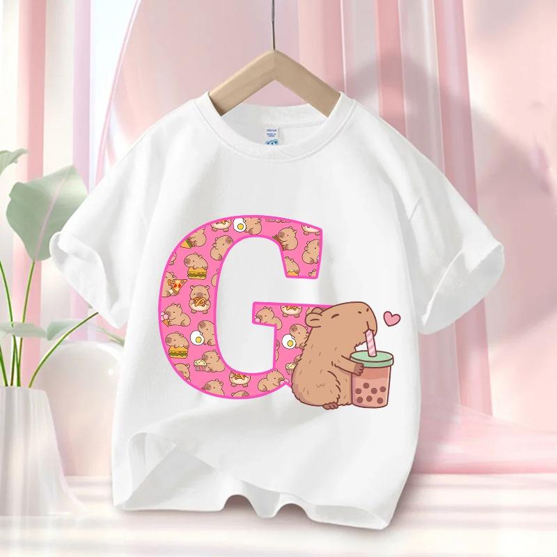 Capibara Cute T-shirt Kids Anime Capybara Letter A-Z Tees Girls Summer Short Sleeve Cotton
