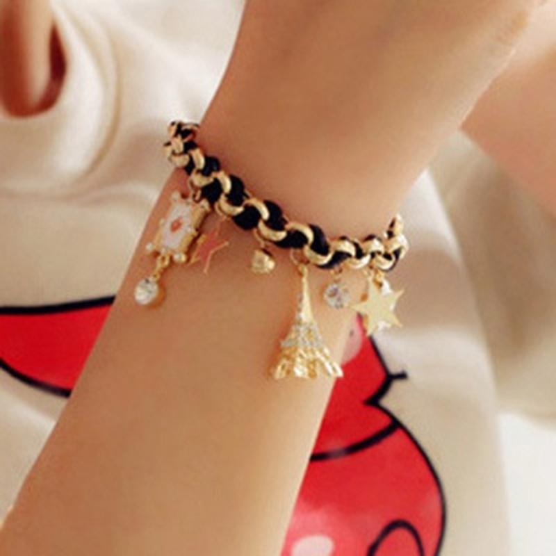 Прекрасный женский многоэлементный браслет в стиле ретро с золотой цепочкой, кожаной веревкой и кристаллами ручной работы чёрный