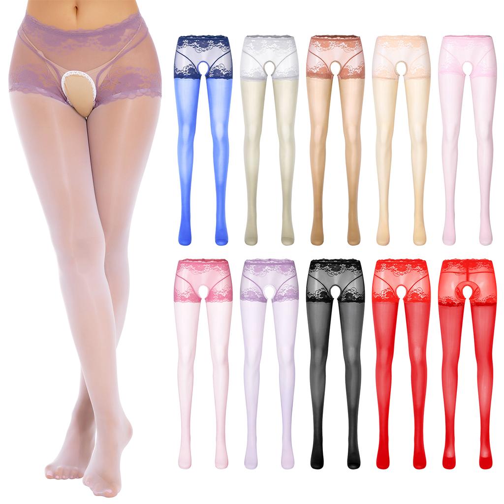 Womens Open Crotch Pantyhose See-Through Floral Lace Patchwork Stockings Leggings