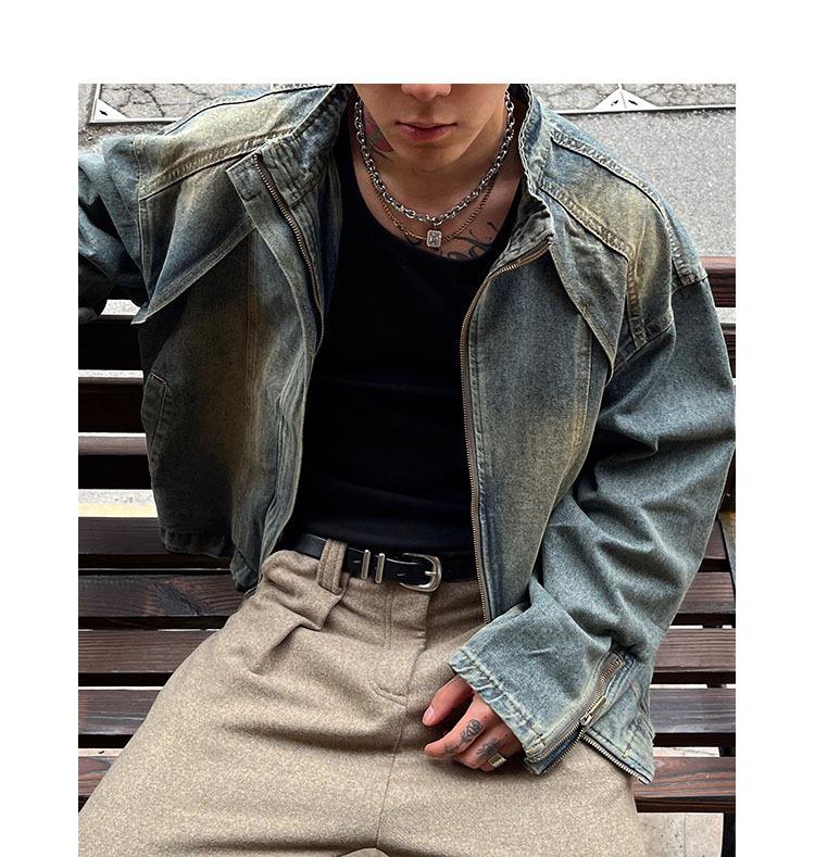 Men's High-End Heavyweight Deconstructed Denim Stand-Up Collar Jacket - Trendy American Retro PUNK Style