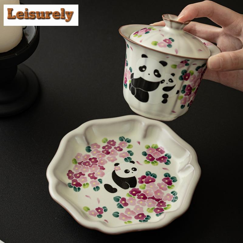 120ml Antique Ru Kiln Porcelain Gaiwan Chinese Cute Panda Sancai Cover Bowl Tea Making Tea Tureen Women Cafes Teaware Collection