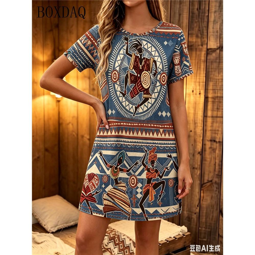 Summer Women's Casual Dress Short Sleeved Round Neck Ethnic Style Printed Loose Dress