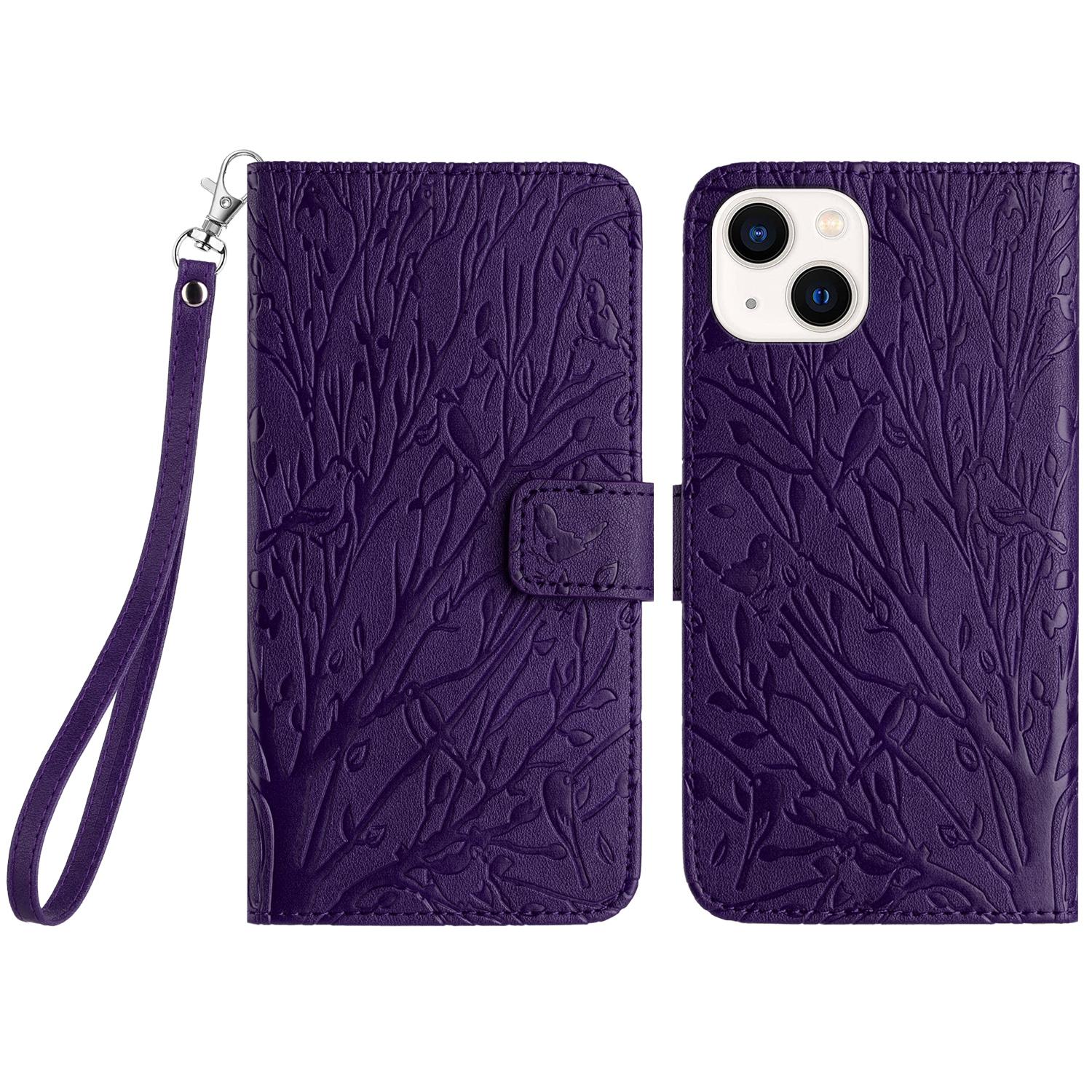 

For iPhone 13/14 Leather Case Tree Bird Imprint Smartphone Wallet Stand Case Purple