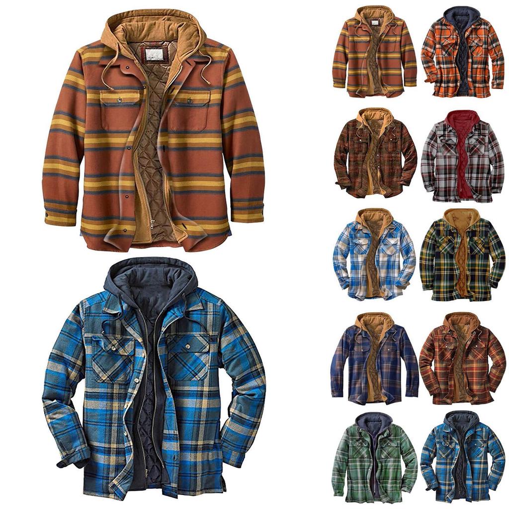 Men's Quilted Lined Button Down Plaid  Shirt Add Velvet To Keep Warm  Jacket With Hood
