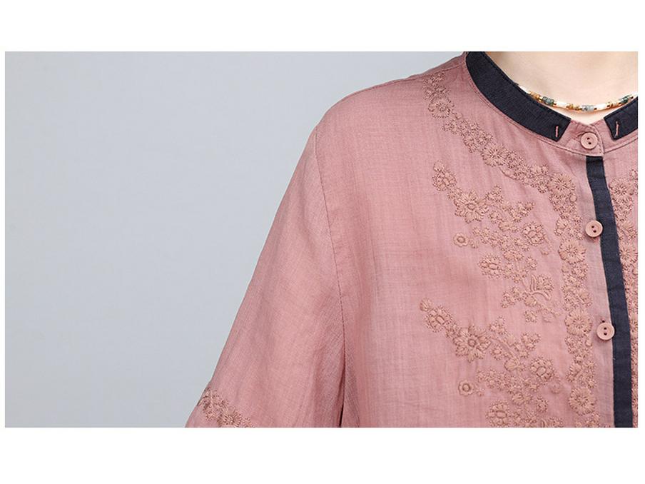 Summer 2025 Retro Embroidered Ramie Blouse: Women's Chic Color Block Age-Reducing Shirt