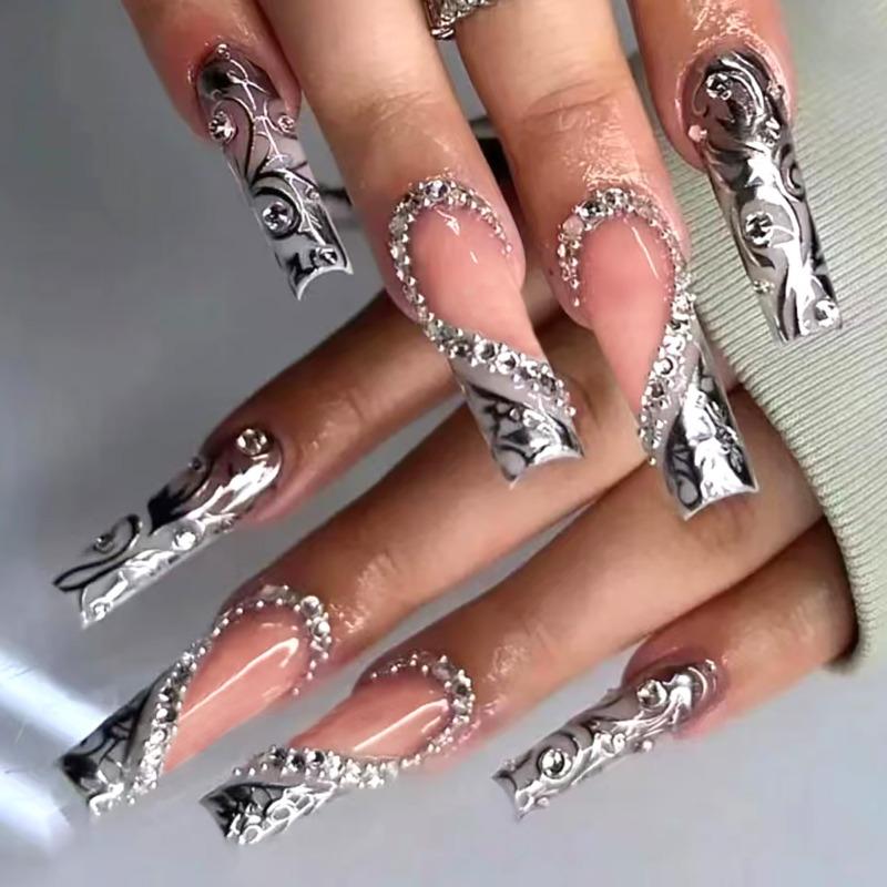 Cross‑border European & American silver long tapered press on nails, heart‑shaped & crushed rhinestone decor, hot‑selling new false nail patches.