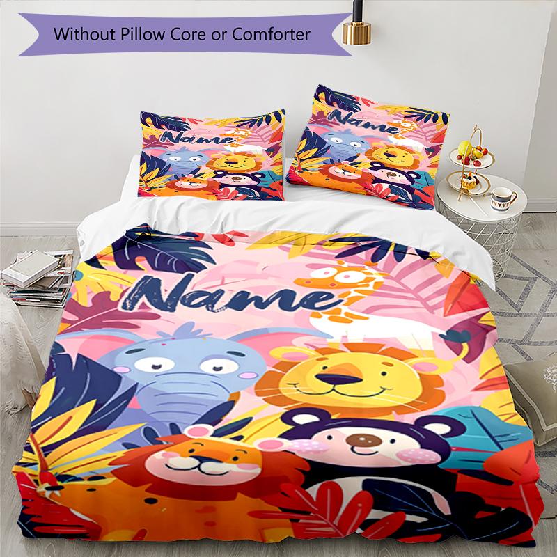 3pcs Custom Name Animals Bedding Set Duvet Cover Closure Includes 1 Duvet Cover & 2 Pillowcases, Soft and Comfortable for All Seasons.