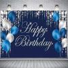 2D Blue Silver Happy Birthday Backdrop Luxury Crystal Design for Adult Birthday Party Banner