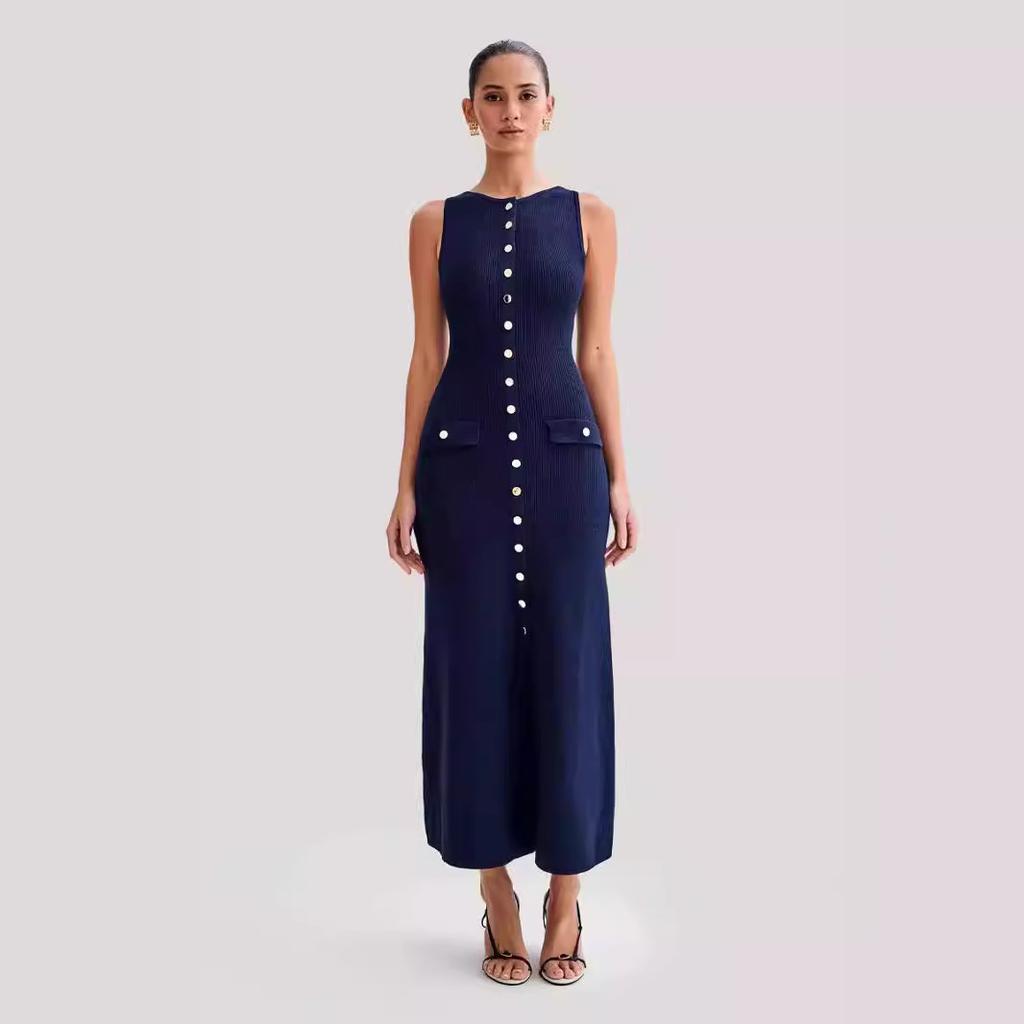 2025 European And American New Slim Fit Knitted Dress With Elegant Temperament, Sleeveless High-End Metal Buckle Dress, Long Skirt