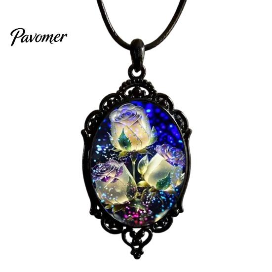 Whimsical Garden Party Accessories Oval Floral Pendant Necklace, Vintage Glass Dome Rose Retro Black Metal Jewelry Adjustable Cord for Women