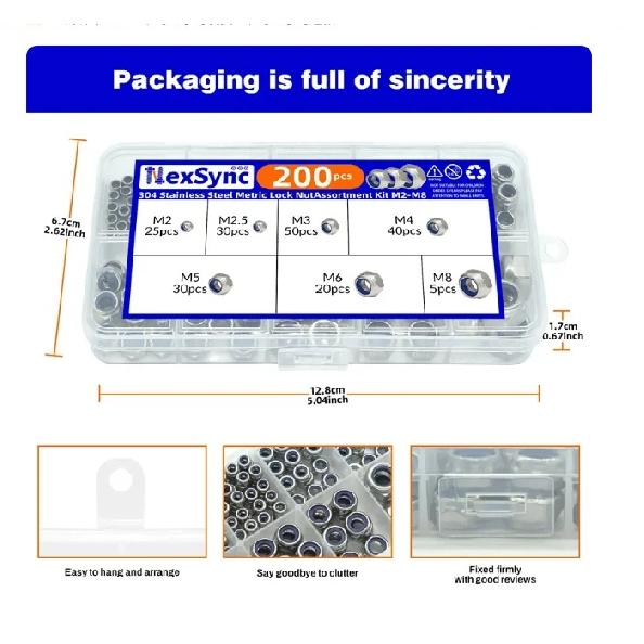 200pcs DIN985 Hex Nylon Insert Self Lock Nut Nylock Locknut Assortment Kit Set M2 M2.5 M3 M4 M5 M6 M8 304 A2-70 Stainless Steel