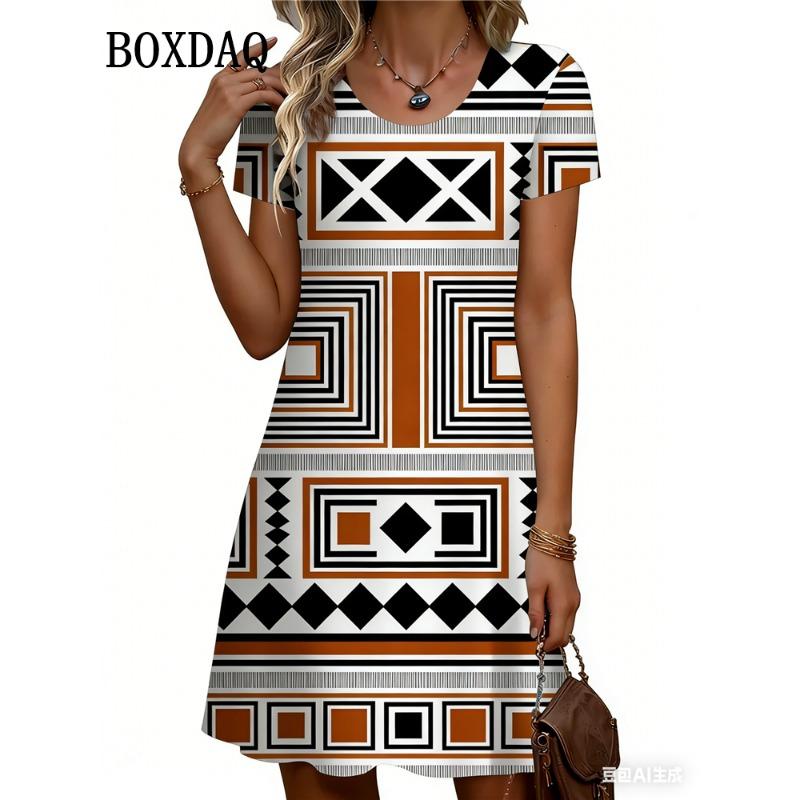 Elegant Fashion Short Sleeve Dress Summer Women's Ethnic Style Geometry 3D Print A-Line Dress For Women Casual Clothing