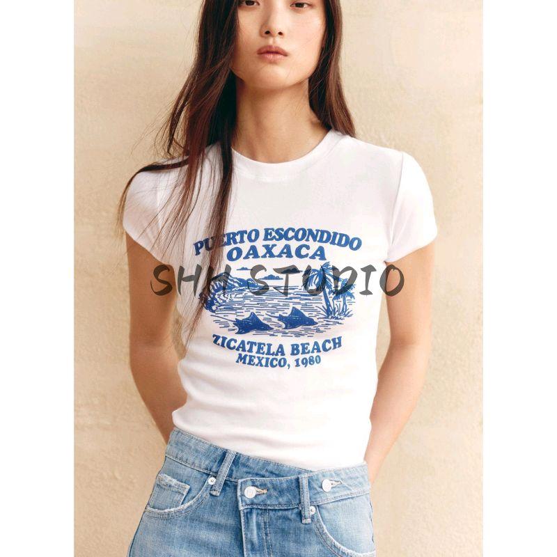 New Fall Women's Clothing Fashion All-Match Cotton Printing Casual Minimalist Round Neck Short Sleeve T-shirt 0085805