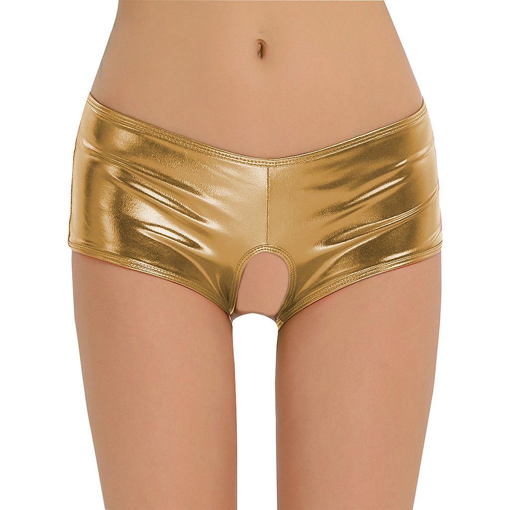 Women's Metallic Faux Leather Open Crotch Boyshorts Underwear Stretchy Low Waist Lingerie Panties for Intimate Wear