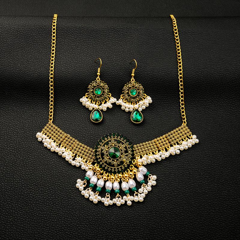 Metal Rose Necklace, Exotic Retro Ruby Earrings, Fashionable Literary Tassel Set