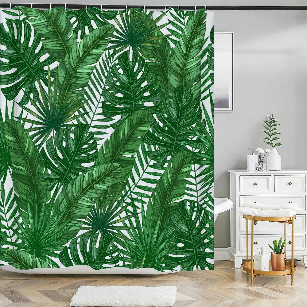 Tropical Green Plant Shower Curtain Leaves Printed Washable Bath Curtain Waterproof Polyester Fabric Bathroom Curtains