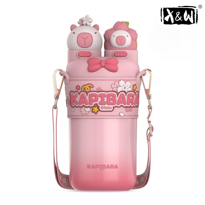 

X&W TunTun Fun Double Drinking Vacuum Cup 550ml Cute and Adorable Cartoon Straw Direct Drinking Children s Cup Mugs Coffee Cups 550ml