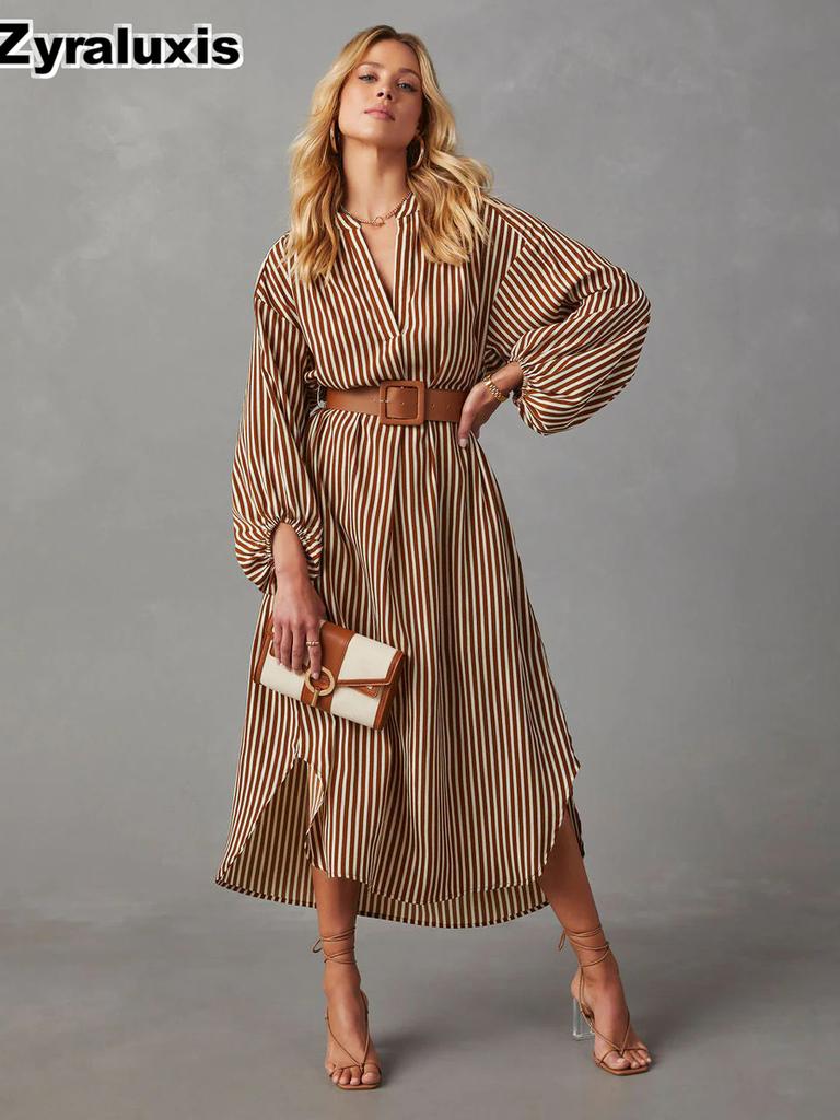 Women's Spring Fashion V-Neck Loose Striped Belted Shirt Dress
