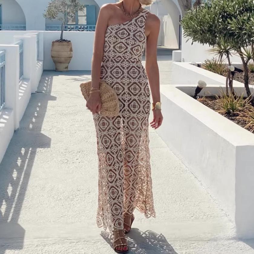 

Европейское женское вязаное кружевное крючком платье с одним плечом без рукавов 8173 L слоновая кость/белый