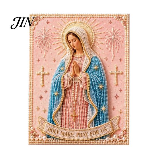 3D Pearl Texture Art Mary Painting Kit, Divine Mercy Jesus Holy Religious Beginner Kit Faux DIY Craft Set for Adults Beginners Christian Wall Decor