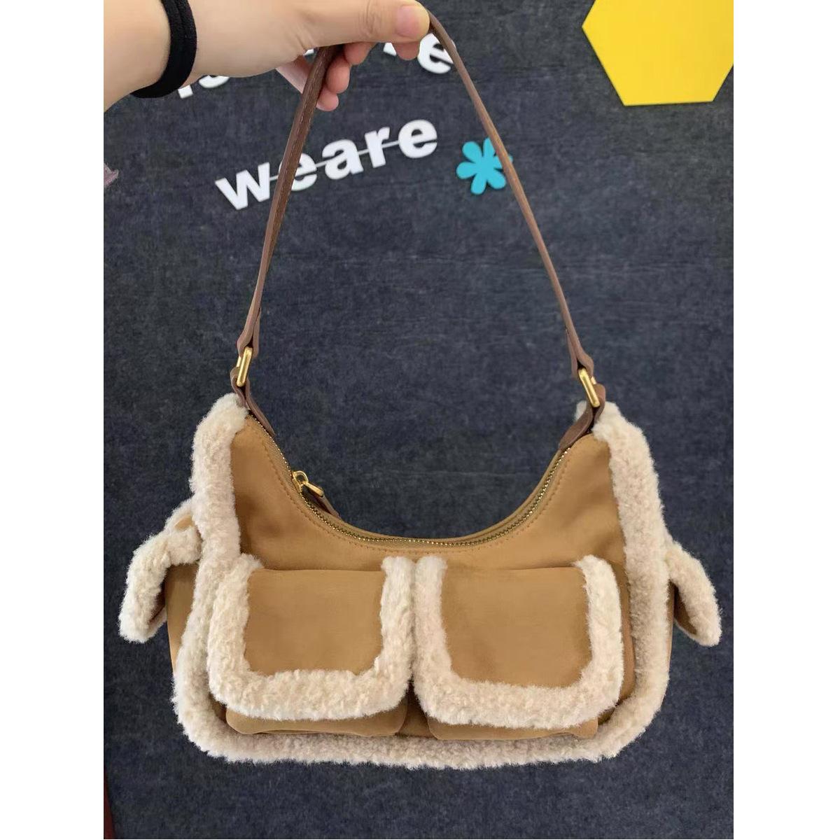 

Осенне-зимняя сумка-тоут из искусственной овечьей шерсти в стиле ретро для женщин, новая вместительная сумка через плечо для поездок на работу и обратно хаки