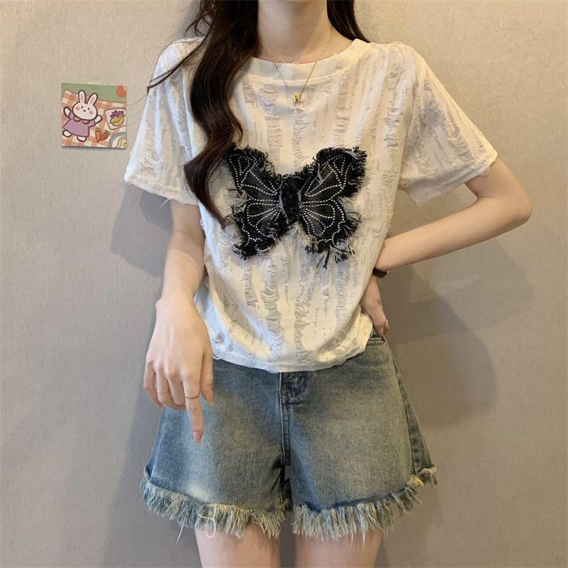 Women's Summer Sweet & Spicy Short Sleeve Bowknot Ripped Shoulder T-Shirt - BM Style Waist-Hugging Design