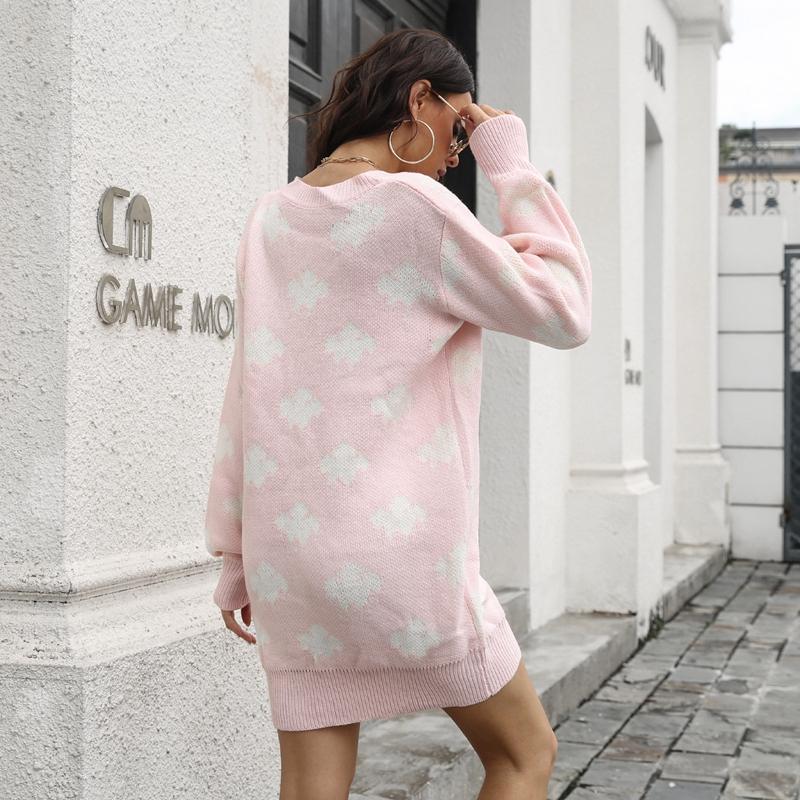 Wiosna jesień chmury wzór powyżej kolana Mini sweter z dzianiny sukienka kobiety dorywczo proste O-Neck pełna rękaw luźna talia S-L