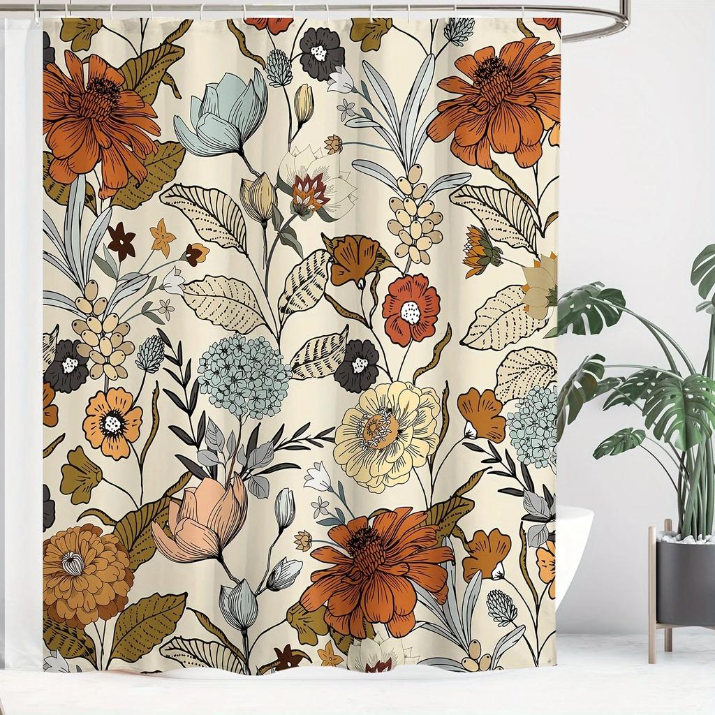 Vintage Floral Shower Curtain - Bohemian Caramel Flower Design, Water-Resistant Polyester, Machine Washable, All-Season, 71Wx71H