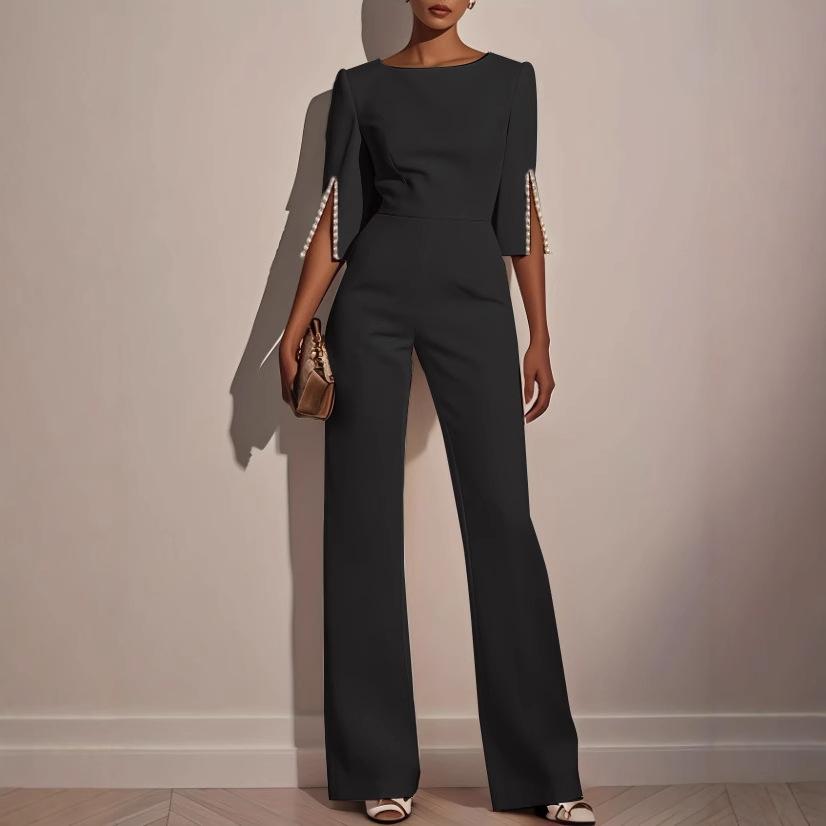 women's Pearl Embellished 3/4 Sleeve Solid Color Slim Fit Straight Leg Jumpsuit Evening Party Romper