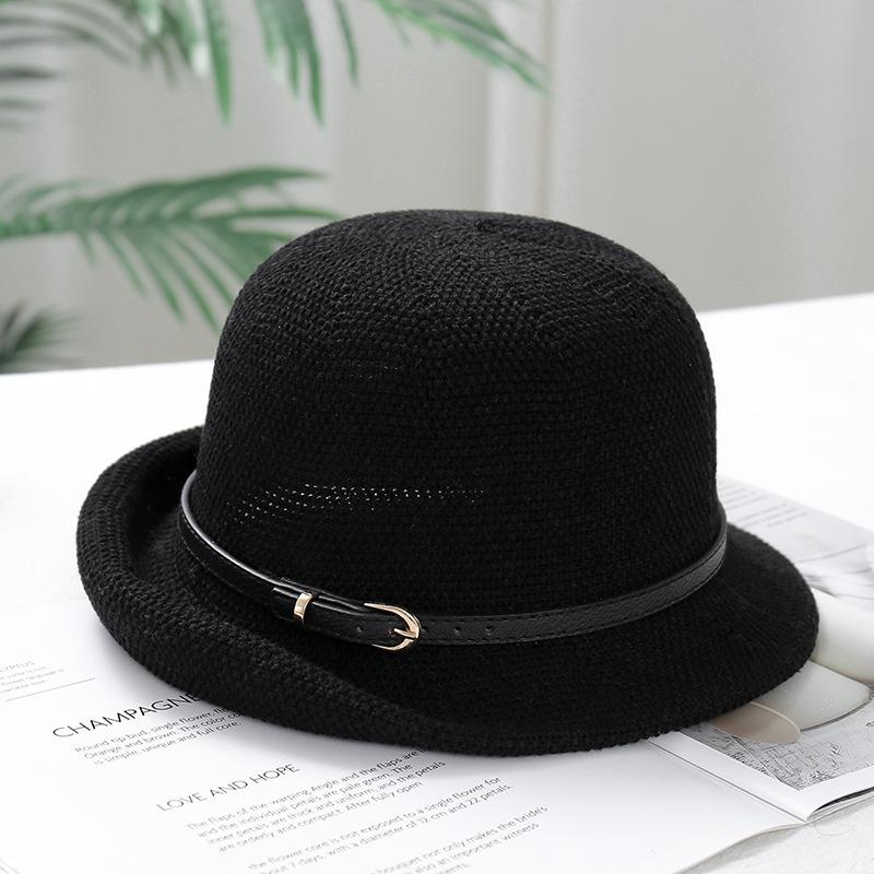 Chapeau de pêcheur classique en tricot respirant pour le printemps/été avec boucle de ceinture métallique pour les vacances des femmes, protection solaire, bord ondulé