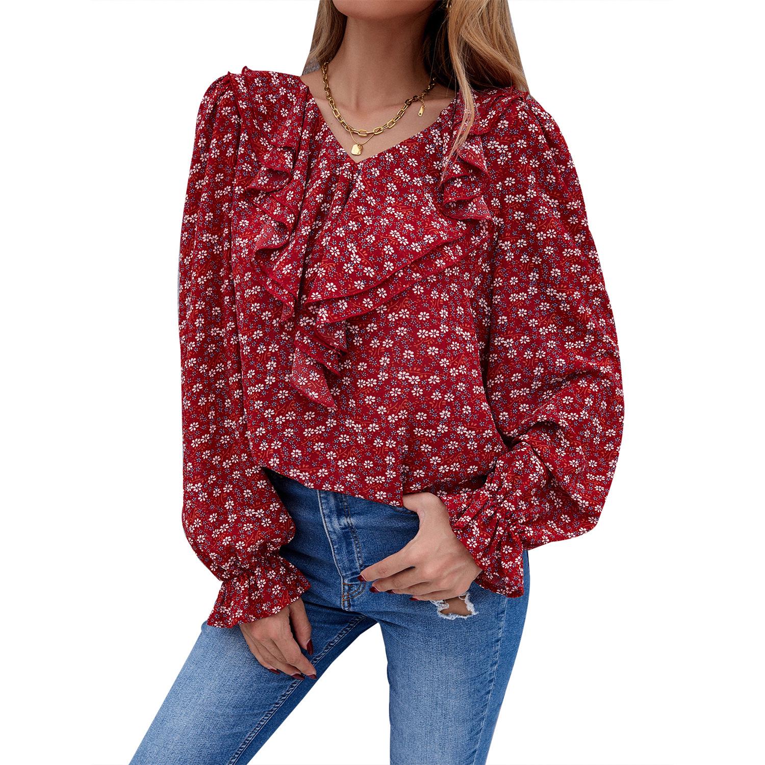 

Европейская и американская цветочная шифоновая блузка с V-образным вырезом и рукавами-колокольчиками для женщин L