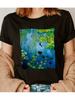 Schwarzes T-Shirt Mit Skurrilem Schwarzen Kater Monet-inspiriertem Seerosen-Print KurzarmLässiges Oberteil Tägliche Streetwear