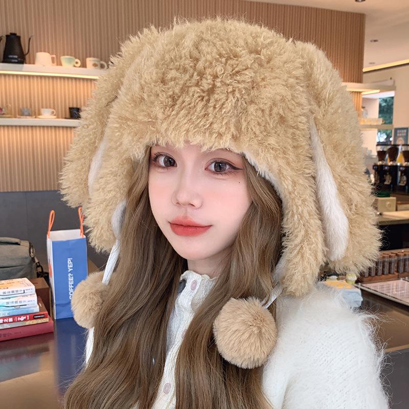 Winter Thickened White Plush Cartoon Rabbit Ears Female Age Reduction Sweet and Cute Ear Protection Warm Pullover Cap