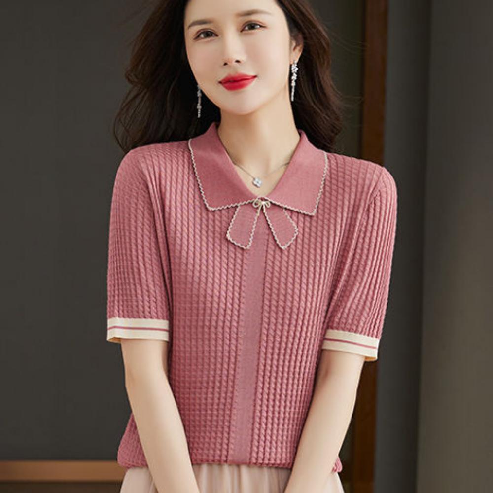 Summer Ice Silk Short Sleeved T-shirt Women's Thin POLO Collar Top New Fashionable Doll Collar Knitted Shirt