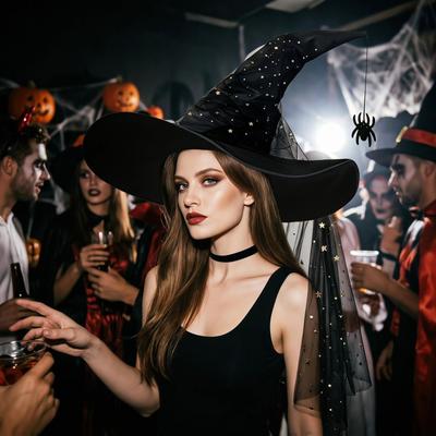 Mesh Yarn Cover Halloween Witch Hat With Veil Cosplay Accessories Pointed Mage Hat  Masquerade Ball