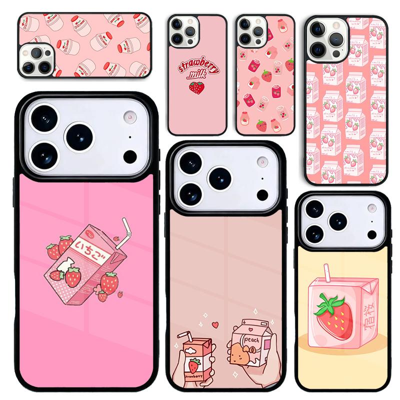 Capa Case for iPhone 17 Air 16 Pro Max 15 Plus 11 13 Mini 14 12 Back Phone Cover Kawaii Strawberry Milk