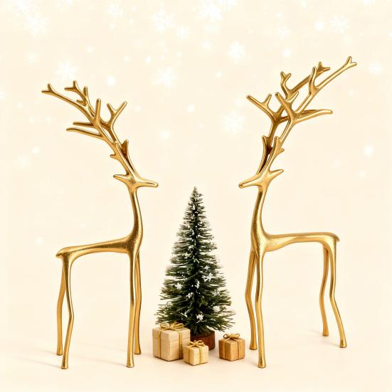 Minimalist Reindeer Statue Artistic Alloy Deer Sculpture Modern Abstract Golden Reindeer Ornament for Christmas