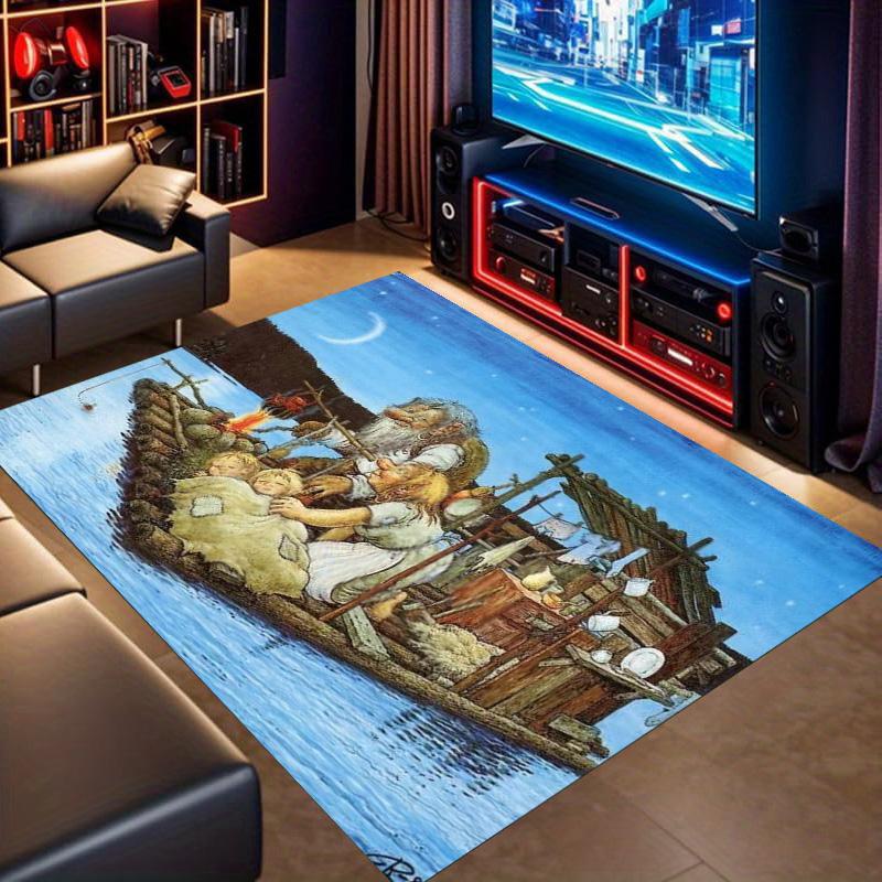 Fairy Tale Troll Family Rug, Old Trolls on Raft Lake Night Print Floor Mat for Living Room Bedroom Home Decor