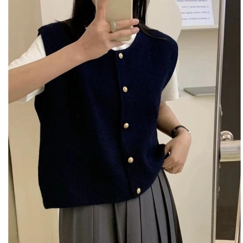 

модный кардиган с круглым вырезом без рукавов женский свитер повседневный свободный однобортный тонкий вязаный жилет повседневный однотонный офисный топ-майка One size чёрный