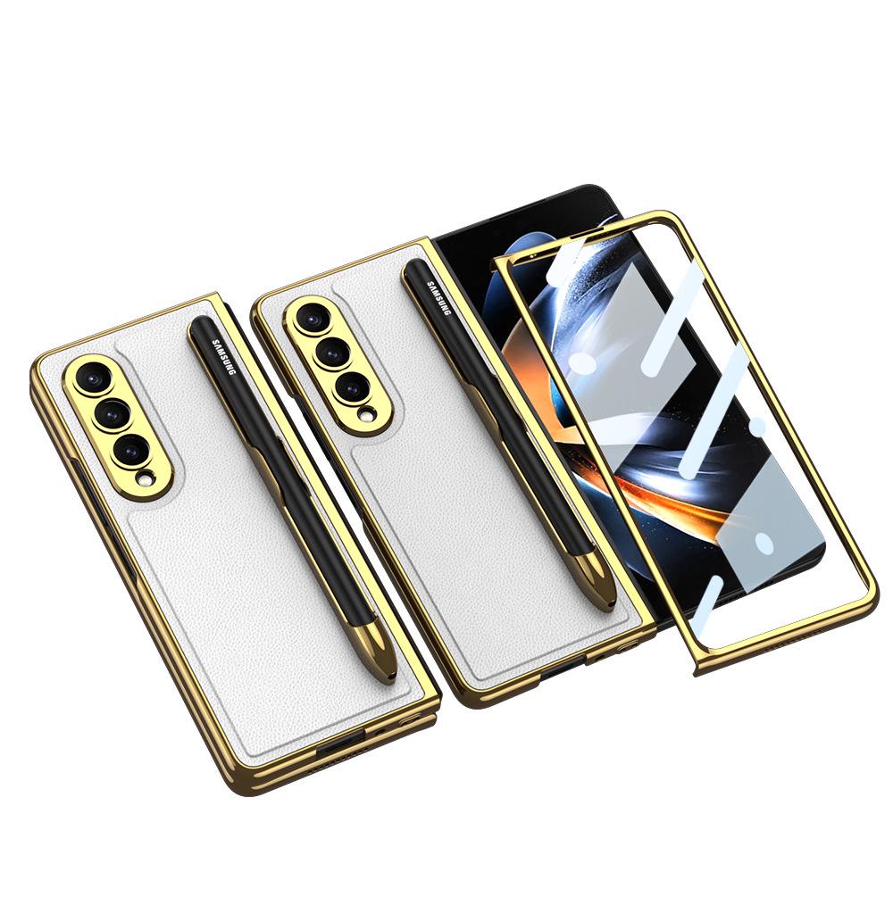 Samsung Z Fold 4 Pen Slot Leather Phone Case with Electroplated Finish and Camera Protection
