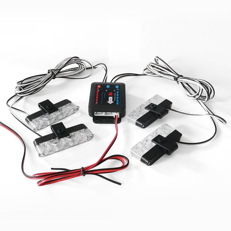 Modificação de carro controle remoto com fio 12V um a quatro vermelho e azul clipe de grade intermediária luz estroboscópica 12V, LED super brilhante e de alta potência
