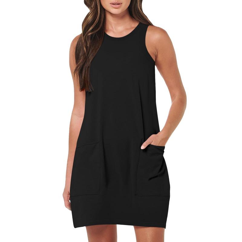 YYFS Women's Fashion Summer Spring Solid Color Print Sleeveless O-Neck Casual Dresses