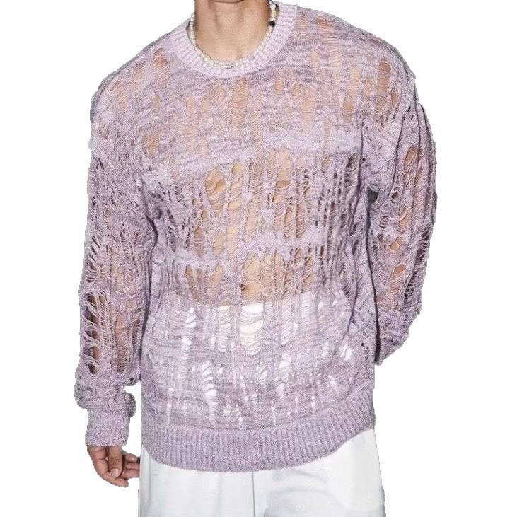 Men's Wabi-Sabi Hollow Knit Tassel Cardigan - Sexy See-through, Loose Long Sleeve Mesh Hoodie